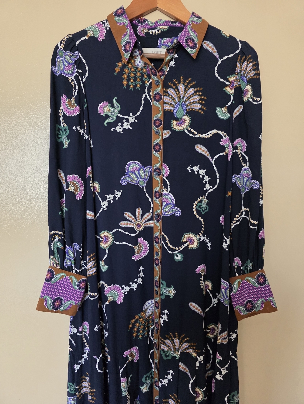 LOFT Peacock Floral Paisley Maxi Shirt Dress 10 Button Front Boho Chic Artsy